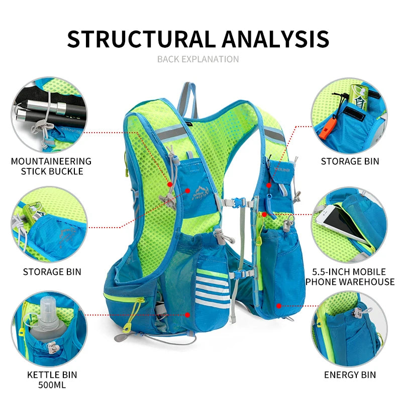 running hydrating vest backpack 8L, cycling hydrating backpack hiking marathon hydrating, with 1.5L water bag 500ml water bottle
