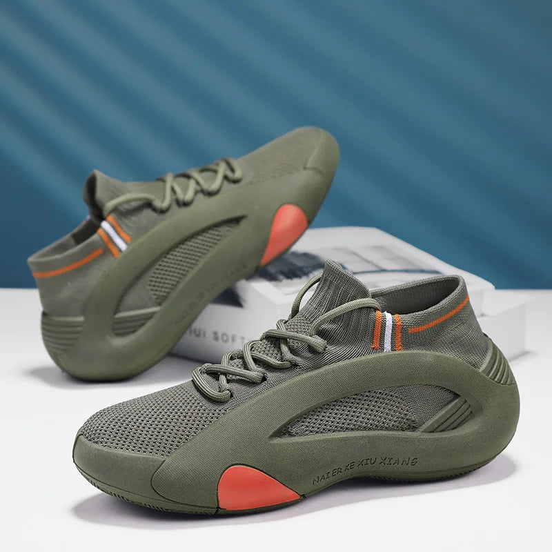 Green Men's Summer Sports Running Socks Shoes Breathable Mesh Thick Bottom Heightening Teenagers Casual Mesh Round Toe Shoes