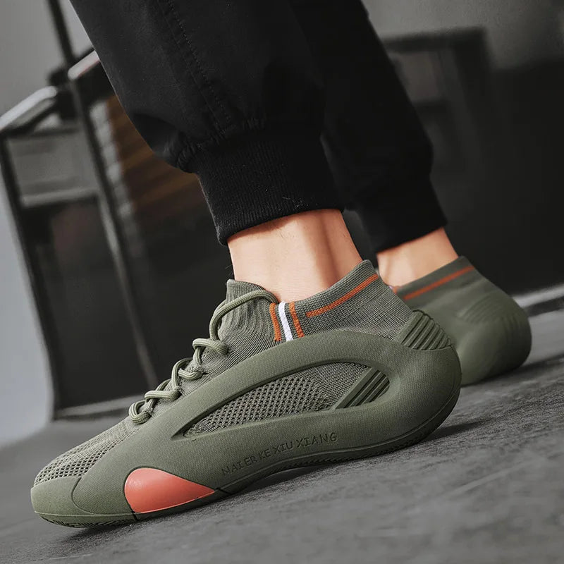 Green Men's Summer Sports Running Socks Shoes Breathable Mesh Thick Bottom Heightening Teenagers Casual Mesh Round Toe Shoes
