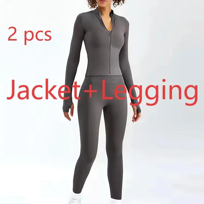 Newest Zipper Long Sleeve Yoga Set 2PCS High Waist Fitness Sport Gym Suit Sportwear Women Set Workout ClothesTracksuit Academic